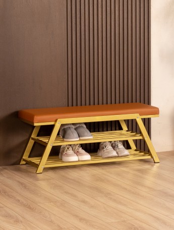 Обувница с мягким сиденьем экокожа Акера золотой/коричневый