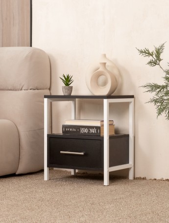 Прикроватная тумба с ящиком и полкой в стиле лофт Томо белый/черный