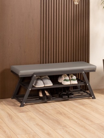 Обувница с мягким сиденьем экокожа Акера черный/серый