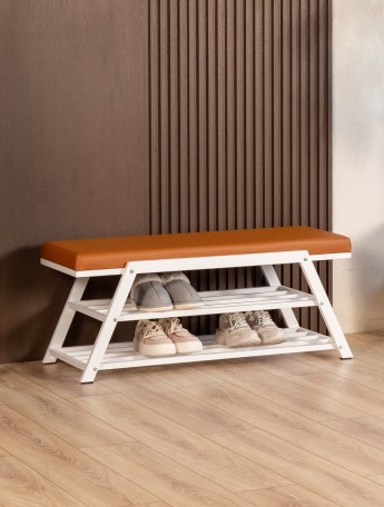 Обувница с мягким сиденьем экокожа Акера белый/коричневый