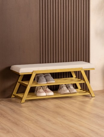 Обувница с мягким сиденьем велюр Акера золотой/белый